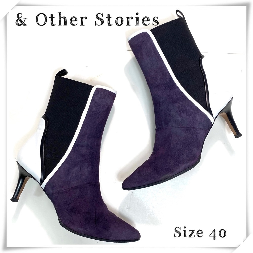 & Other Stories Color-Block Suede Pointed Toe Kitten Heel Mid Boots Purple Sz 9
